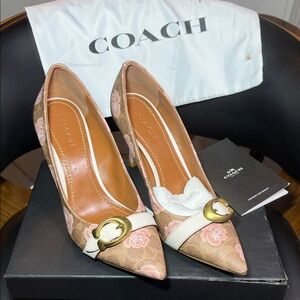 Coach Tan Floral Heels with Gold Buckle Sz 11 B in the box Like new condition!